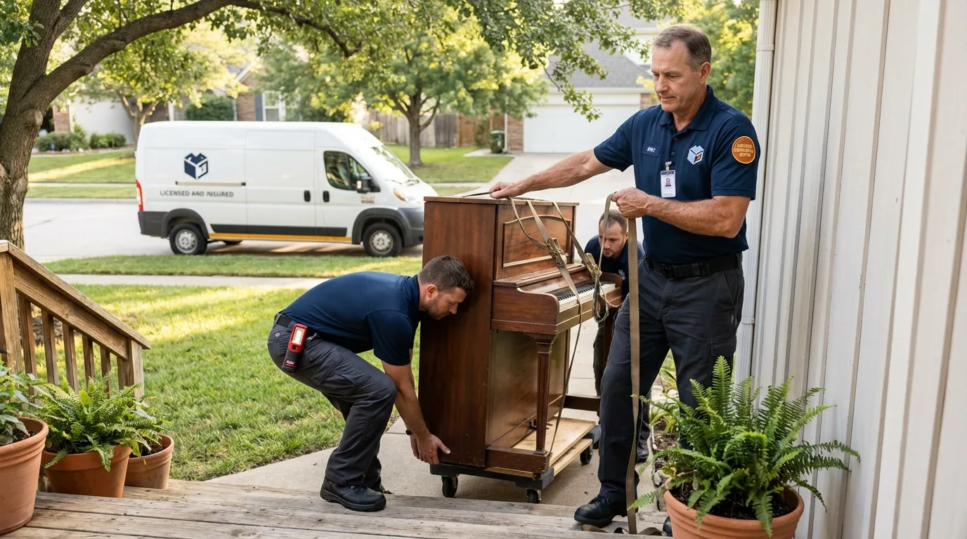 Licensed piano movers securing grand piano in Geneva, NY