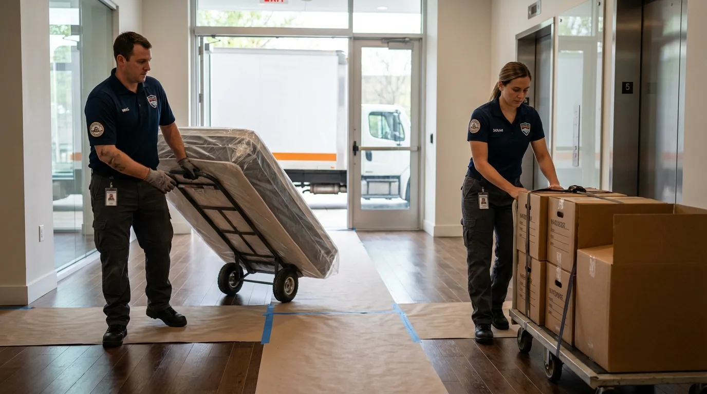 Professional apartment movers loading elevator in Geneva, NY